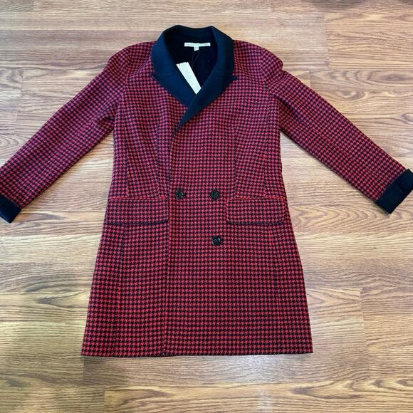 Veronica Senna Red Houndstooth Wool Double Breasted Long Coat Jacket size 4 - Picture 10 of 13